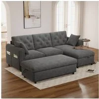 Flieks Ecksofa mit Schlaffunktion & Bettkasten, Chaiselongue links/rechts wechselbar, 219×131×86 cm, L-Form 3-Sitzer Schlafsofa inkl. Hocker mit Stauraum Samt Grau