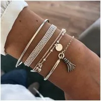 The Beauty House Armband Elegante silberfarbige Armbände für Damen – Modern & Vielseitig, – Mehrteiliges Layering Armband mit Ketten, Armreif & Quasten-Anhänger