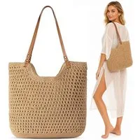 Mutig Strandtasche Sommer Strandtasche Damen Boho Häkeltasche Strand Mesh Tragetasche (Strohtasche Beach Handtasche Leicht Umhängetasche Vintage Sommertasche, Einkaufstasche Lässige, Reisetaschen Tasche, faltbar Hobo Taschen), für Reisen Einkaufen, U