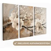 MuchoWow Leinwandbild Blüte - Beige - Abstrakt - Blumen, Fotodruck (3 St), Wand Bilder 3 Set, Deko Schlafzimmer Wohnzimmer Flur 60x40 cm