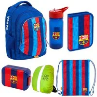 GOLDKIDS Schulranzen für Jungen und Mädchen, 6er-Set - (Schul-Rucksack für, 1-tlg., Kinder mit Federmäppchen), Schuhbeutel Trinkflasche und Brotdose - FC Barcelona