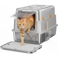 Klyvvo Katzentoilette XXL Edelstahl Katzenklo, 3-in-1 Geschlossenes Katzentoilette, mit Deckel, Aktivkohlefilter & Klappdeckel, Metallschaufel & Matte
