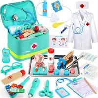 Ophy Spielzeug-Arztkoffer 39-teiliger Holz-Arztkoffer für Kinder ab 3–6 Jahren, (39-tlg., mit echtem Stethoskop, Arztkittel, Thermometer & tragbarer Tasche), ideales Rollenspiel-Geschenk