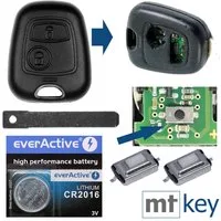 mt-key Auto Schlüssel + 1x Rohling VA2 + 2X Mikrotaster + 1x passende CR2016 Knopfzelle, CR2016 (3 V), für Citroen C1 C2 C3 Peugeot 107 Toyota Aygo Funk Fernbedienung