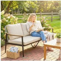 Outsunny Gartensofa mit abnehmbar Kissen, Holzoptik-Armlehnen, Stahlrahmen, Gartenbank 1 Teile, für Garten Terrasse Khaki