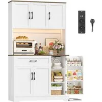 Homfa Küchenbuffet Küchenbuffet mit LED Küchenschrank Buffetschrank Sideboard weiß mit Steckdosenleiste & Arbeitsplatte 180,5x100x38,6cm