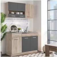 Homestyle4u Küchenzeile 120 cm ohne Geräte Singleküche Küchenschränke Grau matt Eiche Braun, (Oberschränke, Unterschränke, 2 Arbeitsplatten, Einbauküche), Küchenblock, Einbauküche, Miniküche