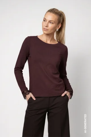 monari - Langarmshirt mit Spitzenborte black coffee - Gr. - 38