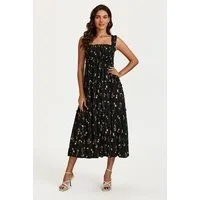 FS Collection Sommerkleid Damen Sommerkleid Midikleid Trägerkleid Stufenkleid Schwarz (XS (EU:36 / UK:8) · S (EU:38 / UK:10) · M (EU:40 / UK:12) · L (EU:42 / UK:14) · XL (EU:44 / UK:16) Spaghettiträger, Stufenrock, Blumenmuster, Rüschen, Gesmoktes Ob