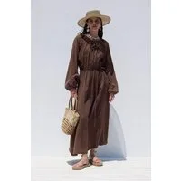 MANUKA Midikleid Braunes Muslin-Kleid mit Bindung