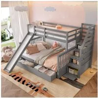 Flieks Etagenbett, Kiefer Kinderbett mit Rutsche & Schubladen 90x200cm+140x200cm