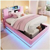 Flieks Polsterbett, Hydraulisches Stauraumbett Kinderbett 90x200cm mit LED und Aufladen