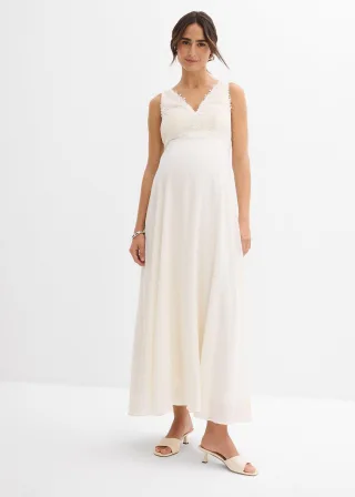 bonprix Umstands-Hochzeitskleid aus Spitze Satin und Georgette, weiß, Gr.50, Langes Hochzeitskleid für die Schwangerschaft