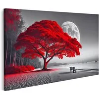 islandburner Leinwandbild Leuchtend Roter Baum an Einem Stillen Strand mit Vollmond