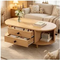 Merax Couchtisch Sofatisch oval Beistelltisch mit Massivholzbeinen (1-St), Wohnzimmertisch mit Rolltüren, 2 Schubladen & Stauraum, 100x50x36cm