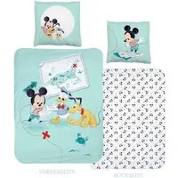 MTOnlinehandel Kinderbettwäsche Mickey Mouse 135x200 + 80x80 cm, 100 % Baumwolle, Renforcé, 2 teilig, Disney's Mickey Mouse Pluto Donald Duck Bettwäsche für Kinder in mint