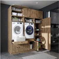 Roomart Waschmaschinenumbauschrank Schrankwand 254 cm, 230 cm hoch, Hochschrank, Waschküche, 3 Farben (Waschmaschinenschrank Trocknerschrank mit Schrankaufsätzen Waschturm) Seitlicher Hochschrank, Wandbefestigung, 130kg Belastbarkeit