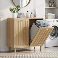 Yorbay Wäschekorb Badschrank mit herausnehmbarem Innenkorb 60L, Natur Farbe, Wäscheschrank Holz Badezimmer freistehend mit Deckel Wäschesammler