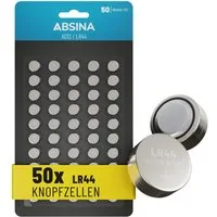 ABSINA AG13 LR44 Knopfzelle 50er Pack - 1,5V Alkaline Knopfzellen Knopfzelle, (1,5V V, 1 St)