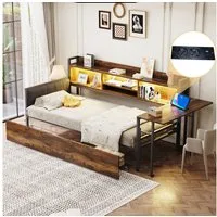Merax Daybett 90x200cm mit LED-Beleuchtung und Steckdose (Eisen-Sofabett Einzelbett Jugendbett Schlafsofa mit Rückenlehne, 1 tlg), Tagesbett mit Schubladen,ausziehbarem Schreibtisch,Ablagefach,Stauraum