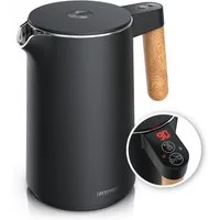 Arendo Wasserkocher Edelstahl, Doppelwand, Temperatureinstellung 40° - 100°C mit Anzeige, 1,5 l, 2200 W, Warmhaltefunktion, 360° Basis, mit Griff in Holzoptik, BPA-frei