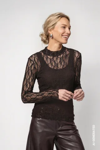 monari - Spitzenshirt black coffee - Gr. - 36