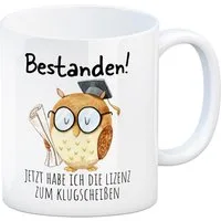 speecheese Tasse Bestandene Prüfung Eule Kaffeebecher mit Spruch Lizenz zum