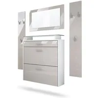 Vladon Garderoben-Set Malea, (Garderobenset bestehend aus 1 Hängeschuhschrank, 1 Wandspiegel und 2 Garderobenpaneele), Weiß matt/Sandgrau Hochglanz