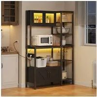 Flieks Standregal Küchenregal mit Steckdose, LED-Beleuchtung, Gläserhalter und Glastüren, 115x40x180 cm 1-tlg., Küchenbuffet Bücherregal Hochschrank Schwarz, Stahlrahmen