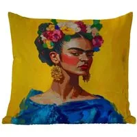MuchoWow Dekokissen Frida Kahlo - Frau - Gelb - Blau - Blumen, Kissenbezüge, Kissenhülle, Kissen, Outdoor, 40x40 cm