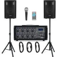 McGrey BP-215 Bandpack PA-Anlage Lautsprechersystem (Bluetooth, 150 W, inkl. 4-Kanal Powermixer - USB/SD-Slot - Mikrofon, Kabel & Stative)