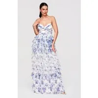 OMBRE Abendkleid Maxikleid Abendkleid Tüll mit Schnürung Blau L (kein Set, 1-tlg) Offener Rücken mit gekreuzten Bändern und regulierbarer Schnürung