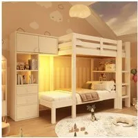 Flieks Etagenbett, Kinderbett 90x200cm mit intelligentem Nachtlicht, Schrank und Regal
