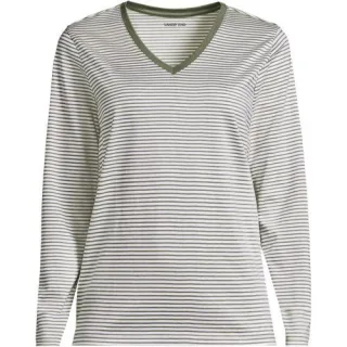 Supima® Langarm-Shirt mit V-Ausschnitt, Damen,  Grün, Baumwolle, by Lands' End