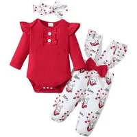 Gluckids Strampler Baby Mädchen Kleidung Set Blumen Langarm Pullover Babykleidung Anzug (3-tlg) Rüschen Langarm Strampler Latzhose Stirnband Sets für täglich Freizeit