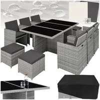 tectake Sitzgruppe Aluminium Rattan Gartenlounge für 6 bis 10 Personen, Inkl., (Loungeset New York, 12-tlg., für Außen in Hellgrau), wetterfest und UV-beständig, 2 Bezugssets, mit Sicherheitsglasplatten