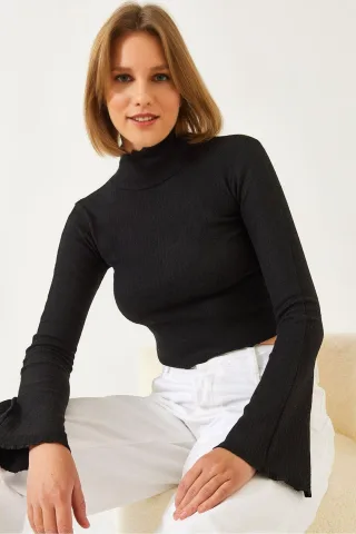 Rippstrukturierter Halbkragen-Crop-Top-Bluse