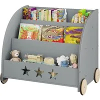Woltu Bücherregal, 1-tlg., Kinderregal für Bücher mit Rollen aus Holz grau
