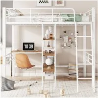 Flieks Hochbett Metallbett Kinderbett 90x200cm mit Schreibtisch Regale Geländer Leiter