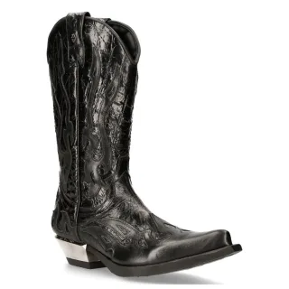 New Rock Flame Biker-Cowboystiefel aus schwarzem Leder mit Akzent – ​​M-7921-S1
