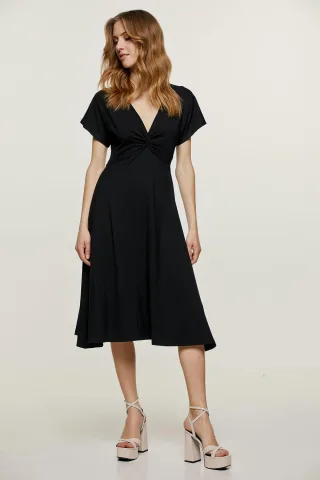 Schwarzes Jersey Midi-Kleid mit Knotenfront
