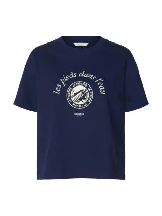 Selected - T-Shirt mit Print blau - Gr. - XS