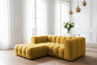 Ecksofa Designersofa SOLVIE XS in Stoff Tiffani Honiggelb Ottomane Links
