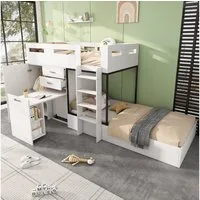 Flieks Etagenbett, Kinderbett 90x200cm mit ausziehbarem Tisch, Garderobe, großem Stauraum