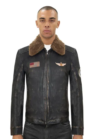 Herren-Bomberjacke aus schwarzem Vintage-Leder mit Abzeichen – Tunis