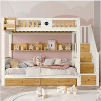 Flieks Etagenbett, Massivholz Kinderbett mit Stauraumtreppe und 2 Schubladen 90x200cm