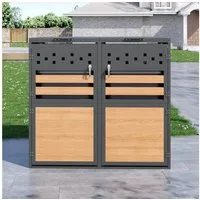 OKWISH Mülltonnenbox mit Klappdeckel,trash storage compartments,Abschließbar (Set, 2 St., horizontale Holzmaserungspaneele, ohne Mülltonne), Zwei Türen,Rautenförmige Ausschnitte