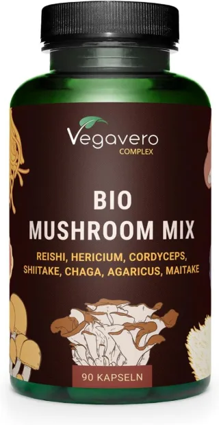 Vegavero Mushroom Mix BIO | 90 Kapseln | Reishi, Hericium, Cordyceps, Shiitake, Chaga, Agaricus & Maitake | vegan