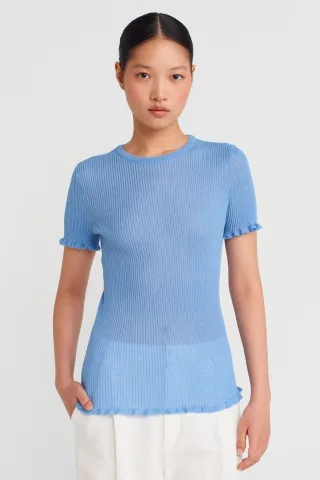 Schlanke Passform Ripp-Volant-Bluse