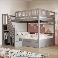 Merax Etagenbett (1-St., Hochbett Stockbett mit Sicherheitszaun), Massivholzbett Kinderbett 140x200cm mit Stauraumtreppe & Schublade